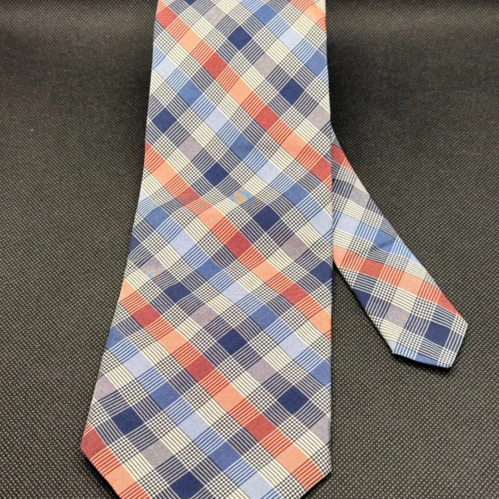 Vintage Brooks Brothers Blue Orange Plaid Silk Tie 4
